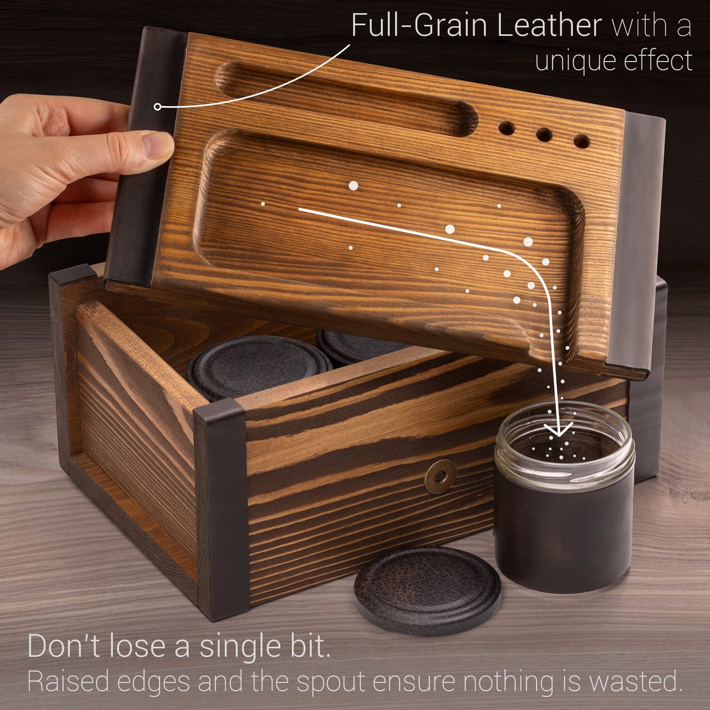 SPLENDSTOR Large Kit - Wooden Storage Box with Decorative Tray & Pack of 3 UV Blocking and Airtight Glass Jars for Herbs / Accessories - Unique Portable Men Gift Set