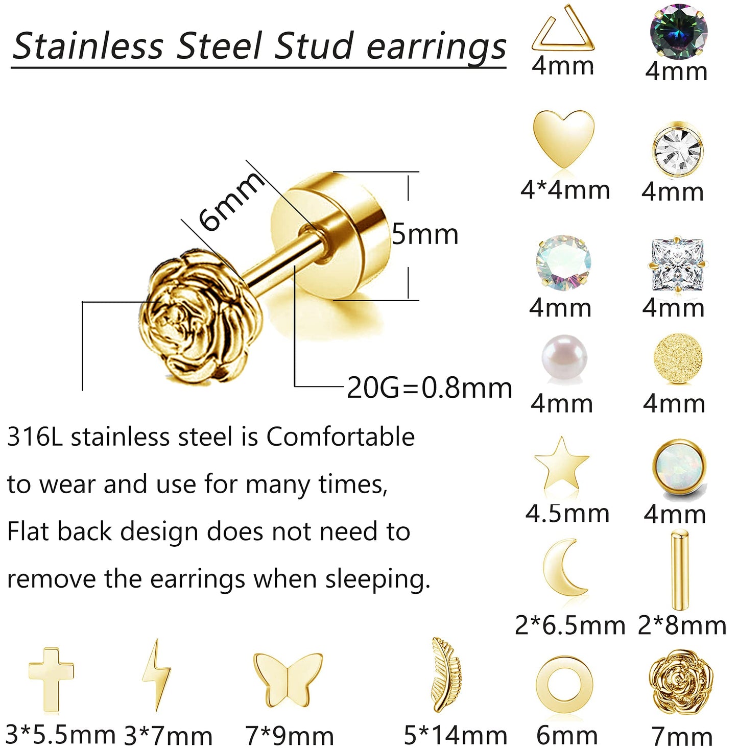 18 Pairs Stainless Steel Stud Earrings Set for Women Men Star Moon flower Heart Leaf Opal 20G Cartilage Earrings Hypoallergenic Flatback Earrings Piercing Jewelry