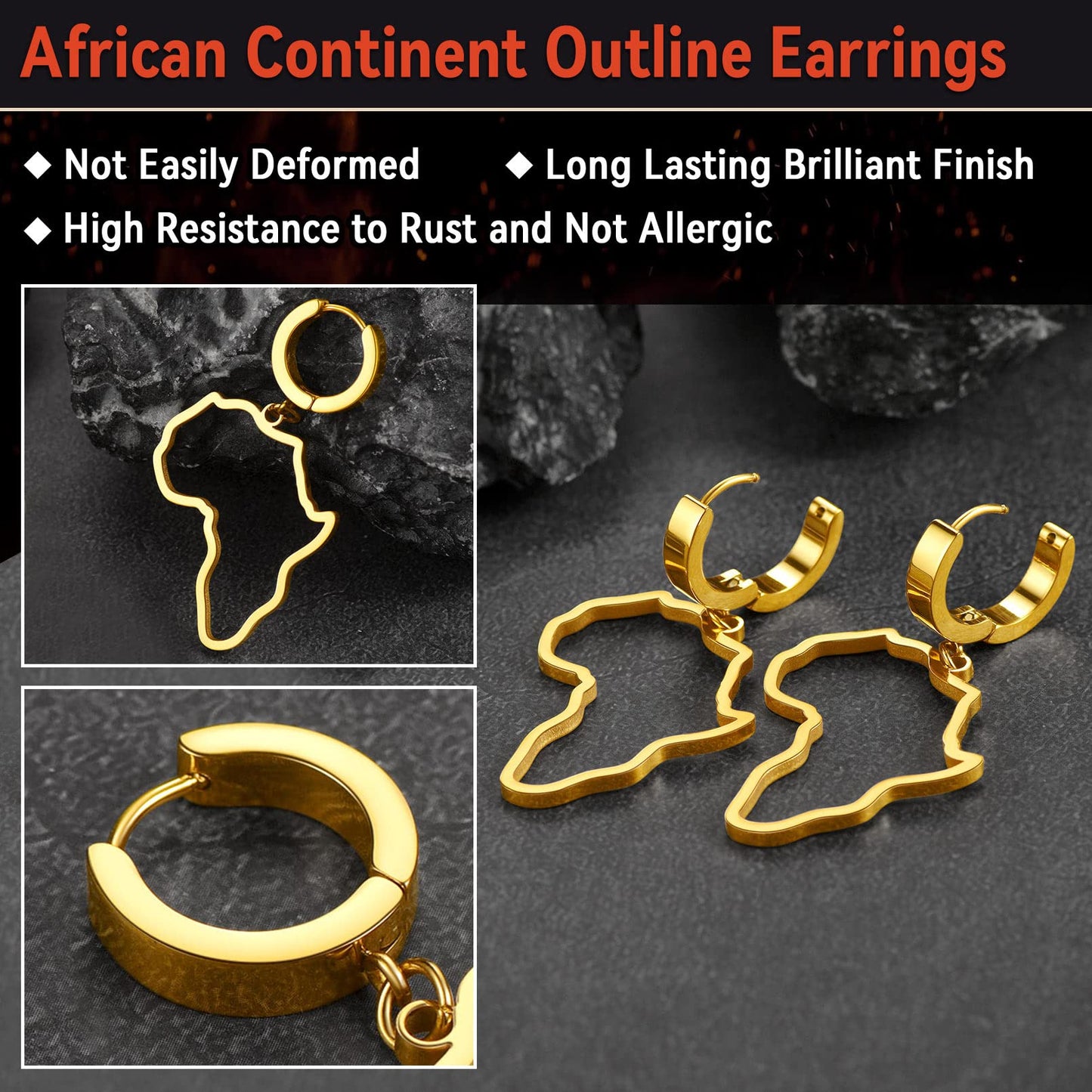 FaithHeart African Map Shaped Drop Earrings Stainless Steel/18K Gold Plated Statement Africa Jewelry Ear Charms for Women Teen Girls