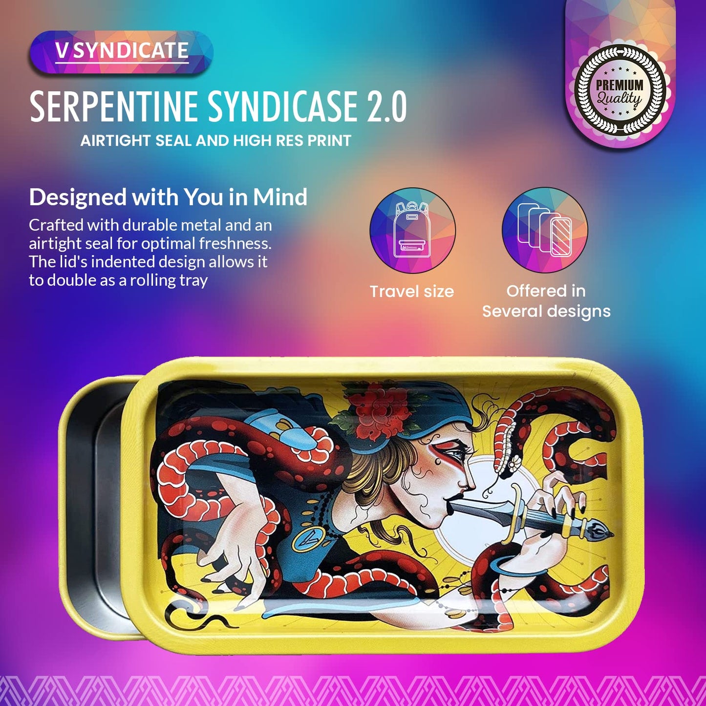 V. Syndicate 5" x 2.8" x 1.5" Mini Metal Storage Box with Lid - Airtight Lid to Avoid Moisture - Flex Your Style with 360 Print of Original Interactive Artwork on All Sides (Syndicase 2.0, Dank Diva)