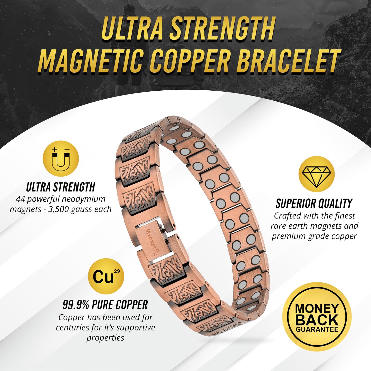 MagnetRX® Pure Copper Bracelet for Men – Effective Ultra Strength Magnetic Copper Bracelets – Adjustable Bracelet Length with Included Sizing Tool (Leo Style)