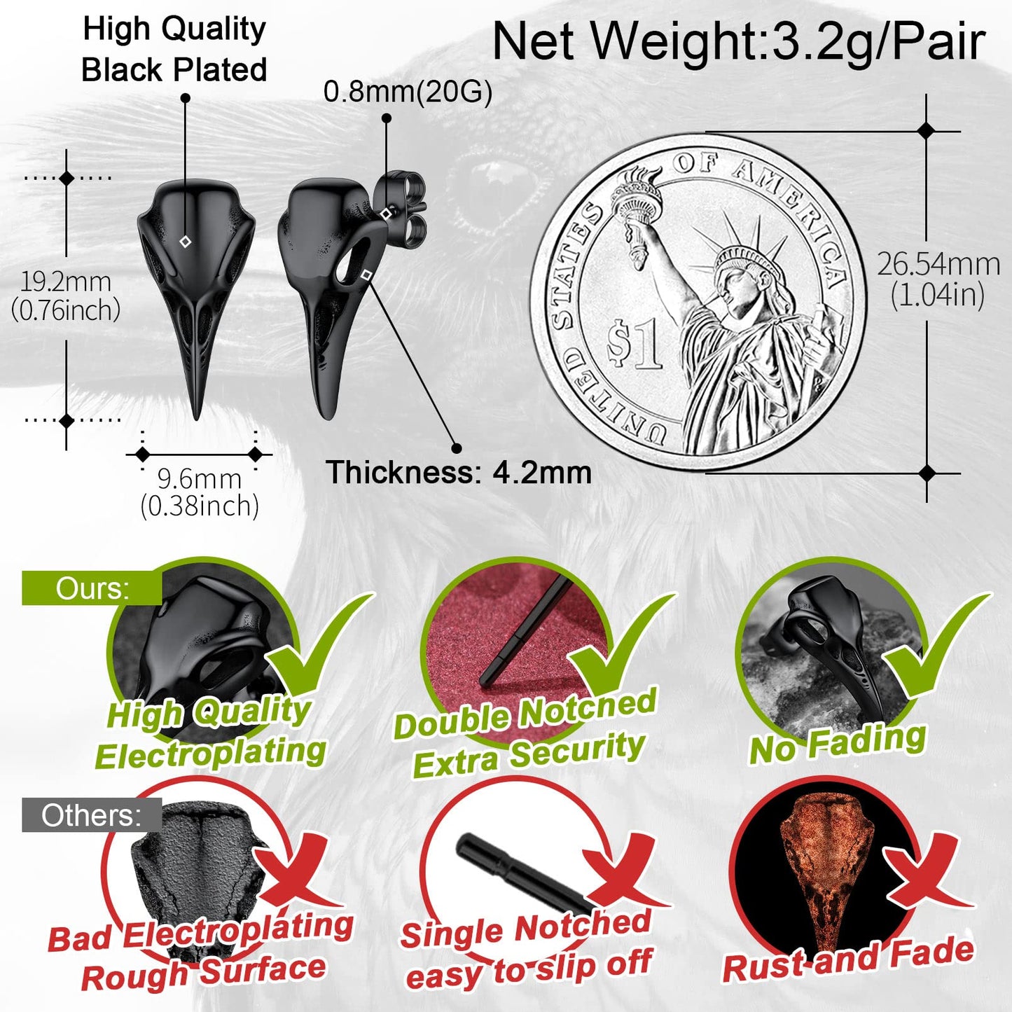 FaithHeart Raven Stud Earrings for Women Men, Stainless Steel Punk Gothic Norse Viking Crow Ear Studs with Delicate Gift Packaging