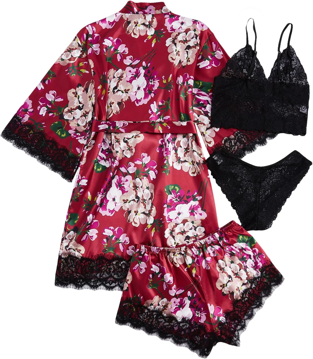 WDIRARA Women' Silk Satin Pajamas Set 4pcs Lingerie Floral Lace Cami Sleepwear with Robe