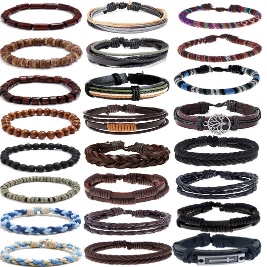 24 PCS Braided Leather Bracelet for Men Women Cool Woven Wrist Cuff Bracelets Hemp Cords Wooden Beads Ethnic Tribal Handmade Wrap Adjustable Wristband Bracelets