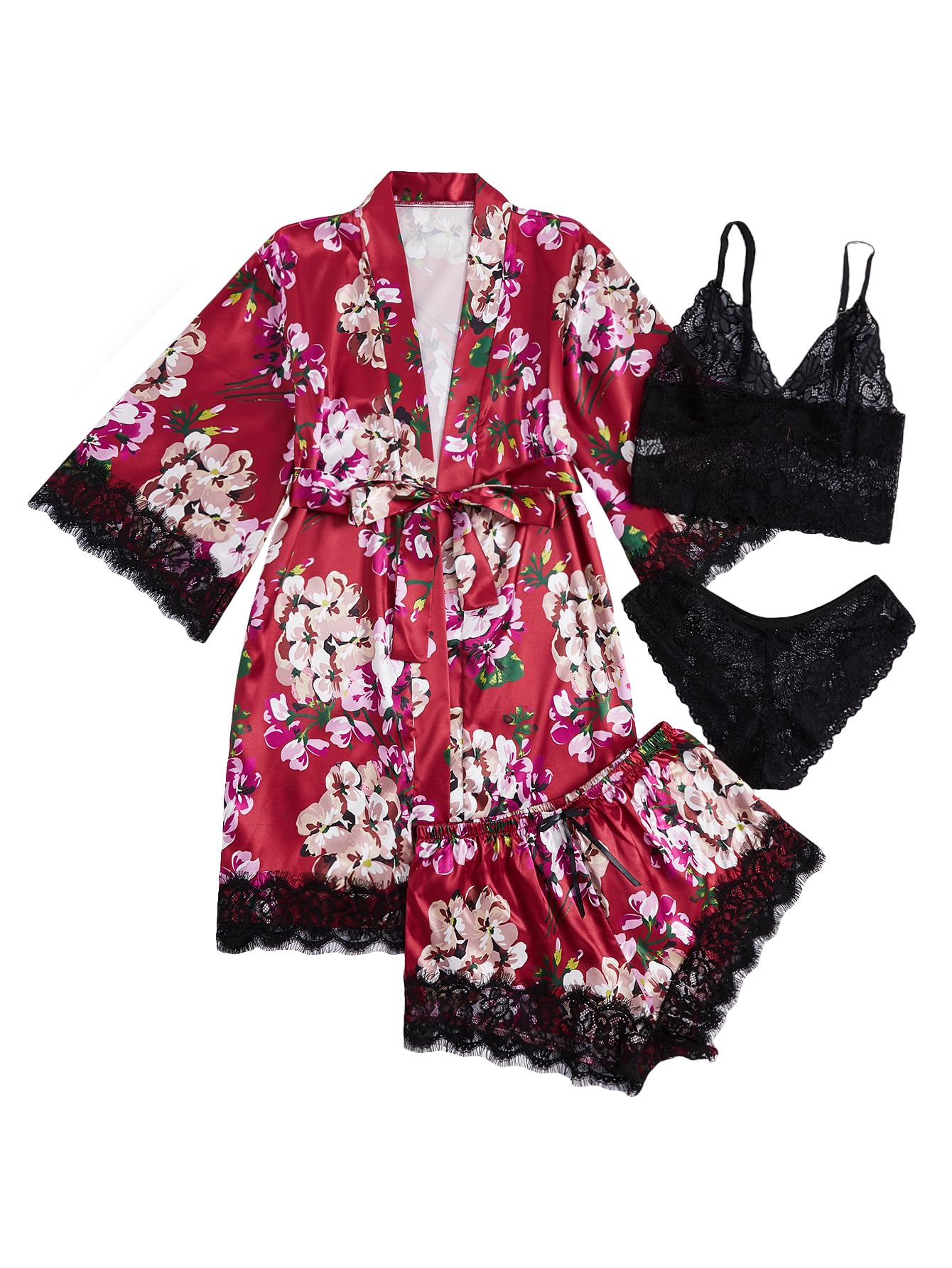 WDIRARA Women' Silk Satin Pajamas Set 4pcs Lingerie Floral Lace Cami Sleepwear with Robe