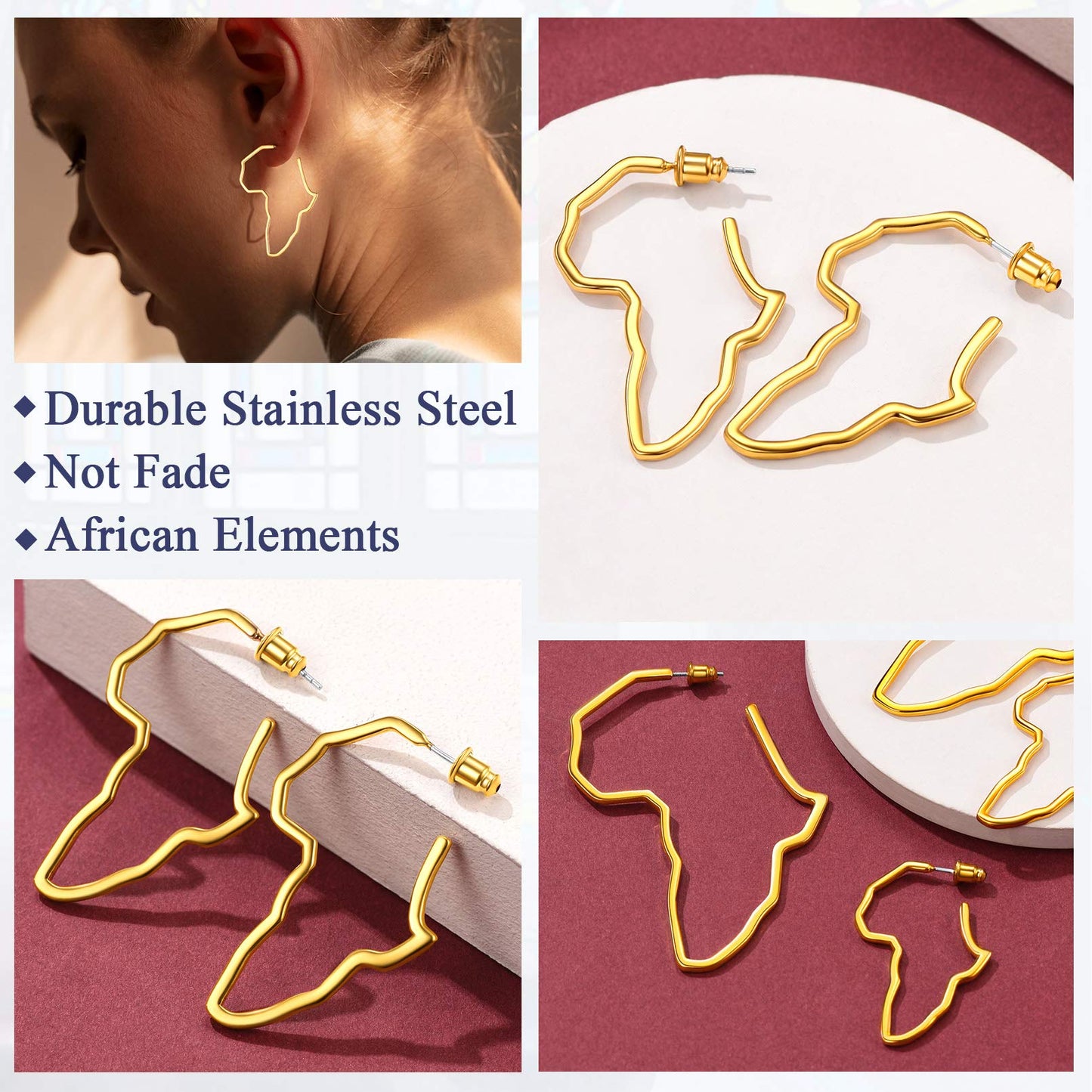 FaithHeart African Map Shaped Drop Earrings Stainless Steel/18K Gold Plated Statement Africa Jewelry Ear Charms for Women Teen Girls