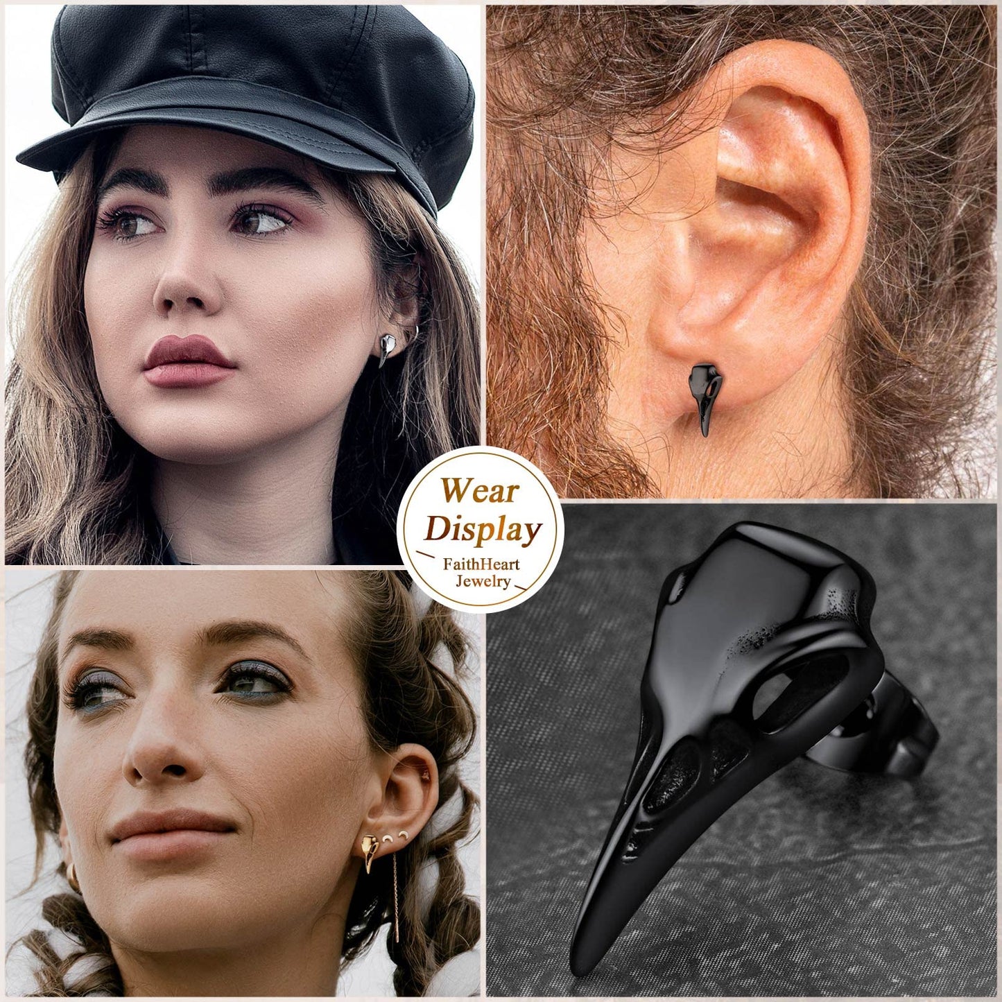 FaithHeart Raven Stud Earrings for Women Men, Stainless Steel Punk Gothic Norse Viking Crow Ear Studs with Delicate Gift Packaging