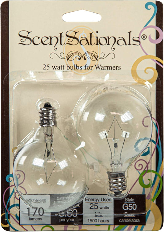 Scentsationals 25 Watt Wax Warmer Bulbs, 25w Light Bulb Candelabra E12 Base - Replacement Plug-in Full Size Electric Wax Melter Candle, Certified Style G50 120 Volt (2 Bulb Pack)