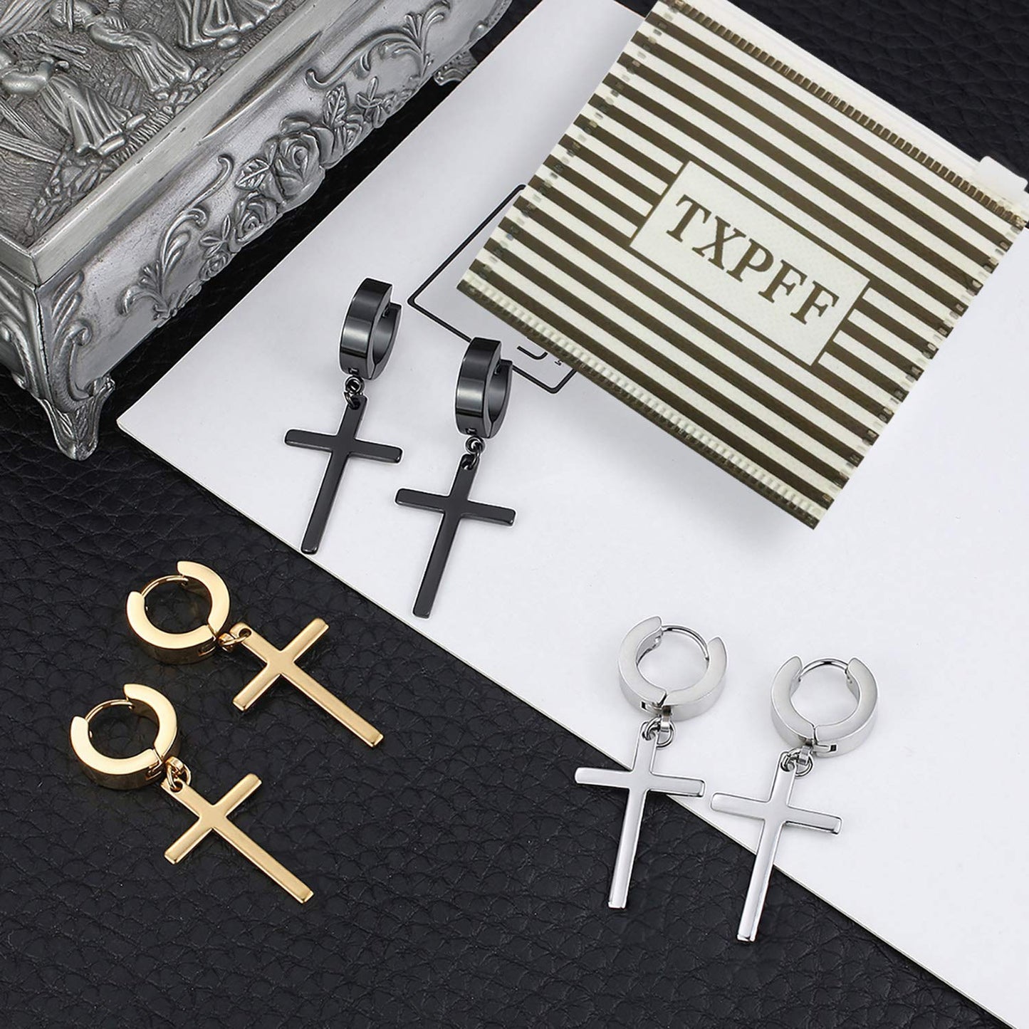 Men Women Stainless Steel Cross Earrings Set Dangle Hinged Earrings of Dangle Hinged Earrings Cross hoop Earrings