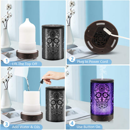 Skull Essential Oil Diffuser, Daroma 100ml Metal Aromatherapy Ultrasonic Cool Mist Humidifier Air Scent Home Office Gift, 7 Colors Changed LED Mood Light, Waterless Auto-Off