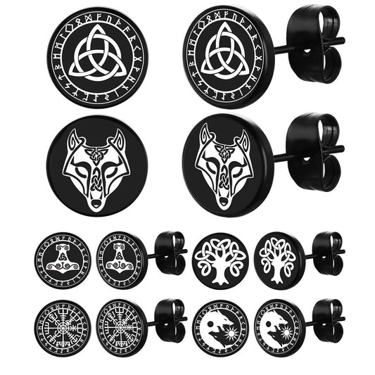 FaithHeart Cool Earrings Set Viking Runes Stuff/Eye of Horus/Cross Black Studs/Hoops Earrings for Men Women with Delicate Packaging