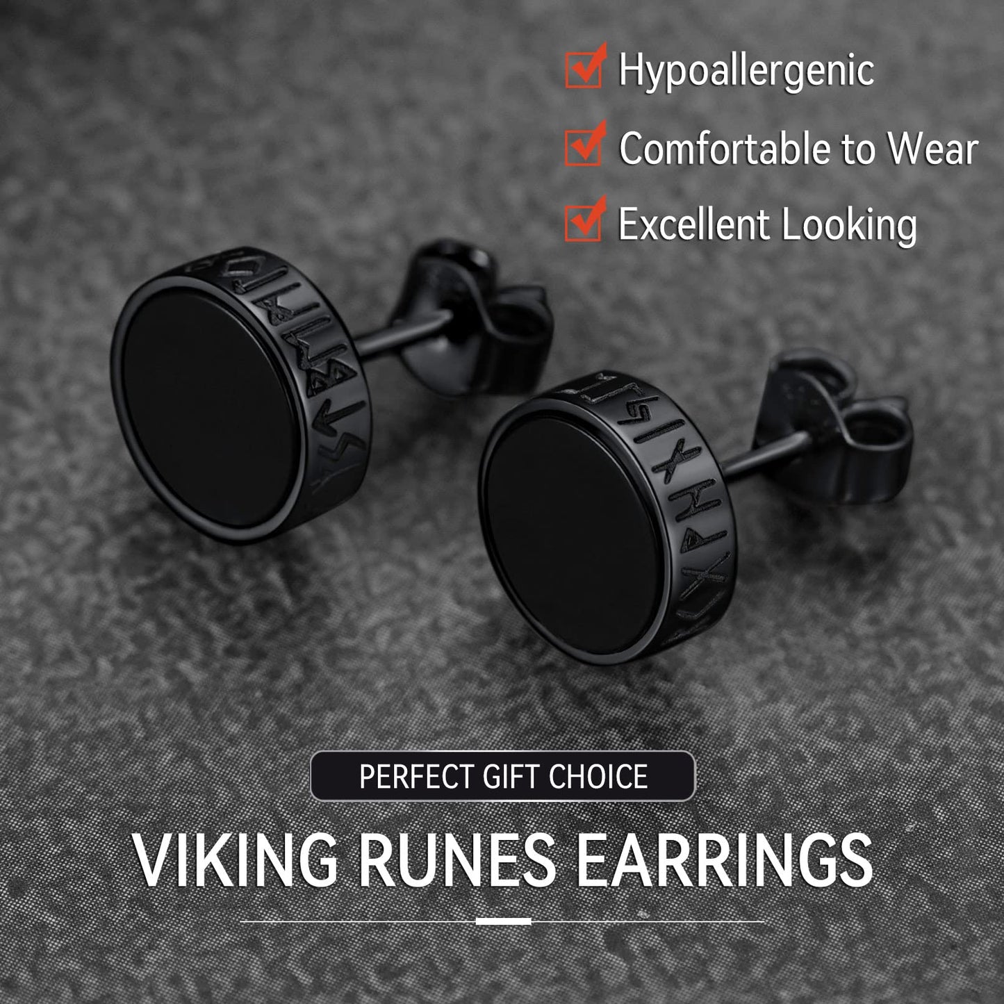 FaithHeart Sterling Silver Viking Runes Earrings for Men Women Black Onyx Stud Earrings Norse Mythology Amulet Jewelry with Gift Box