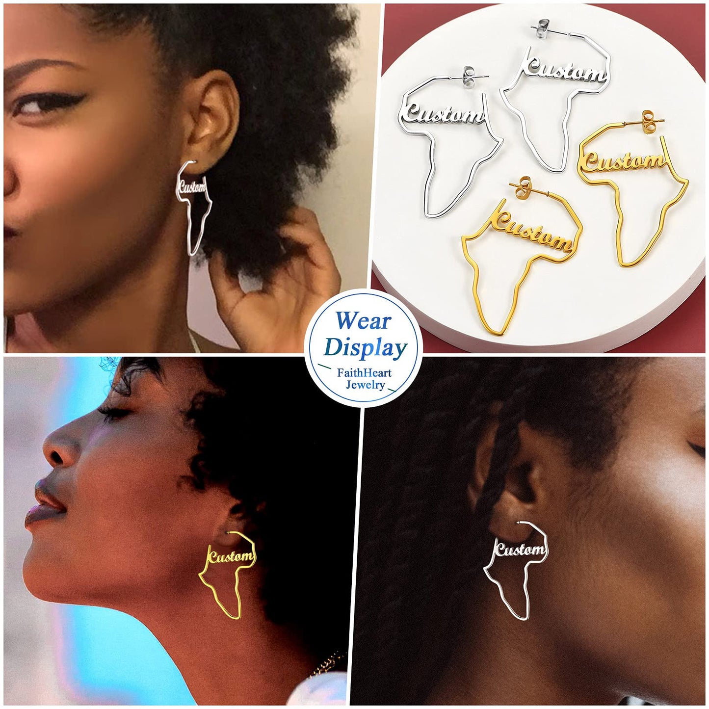 FaithHeart African Map Shaped Drop Earrings Stainless Steel/18K Gold Plated Statement Africa Jewelry Ear Charms for Women Teen Girls