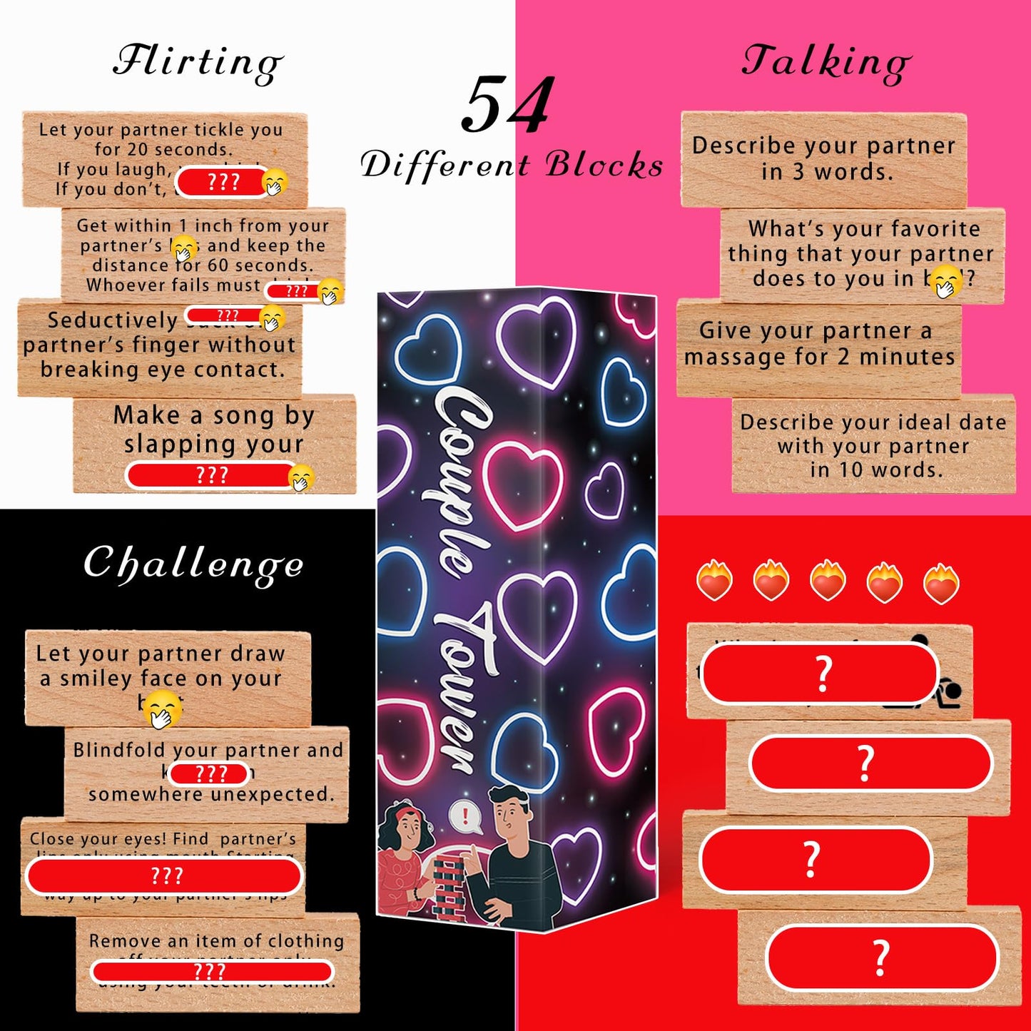 2024 Fun Valentine's Day Gift - 54 Fun Stacking Blocks for Couples, Romantic Couples' Game: Talking, Flirting, Challenge for Date Night Anniversary