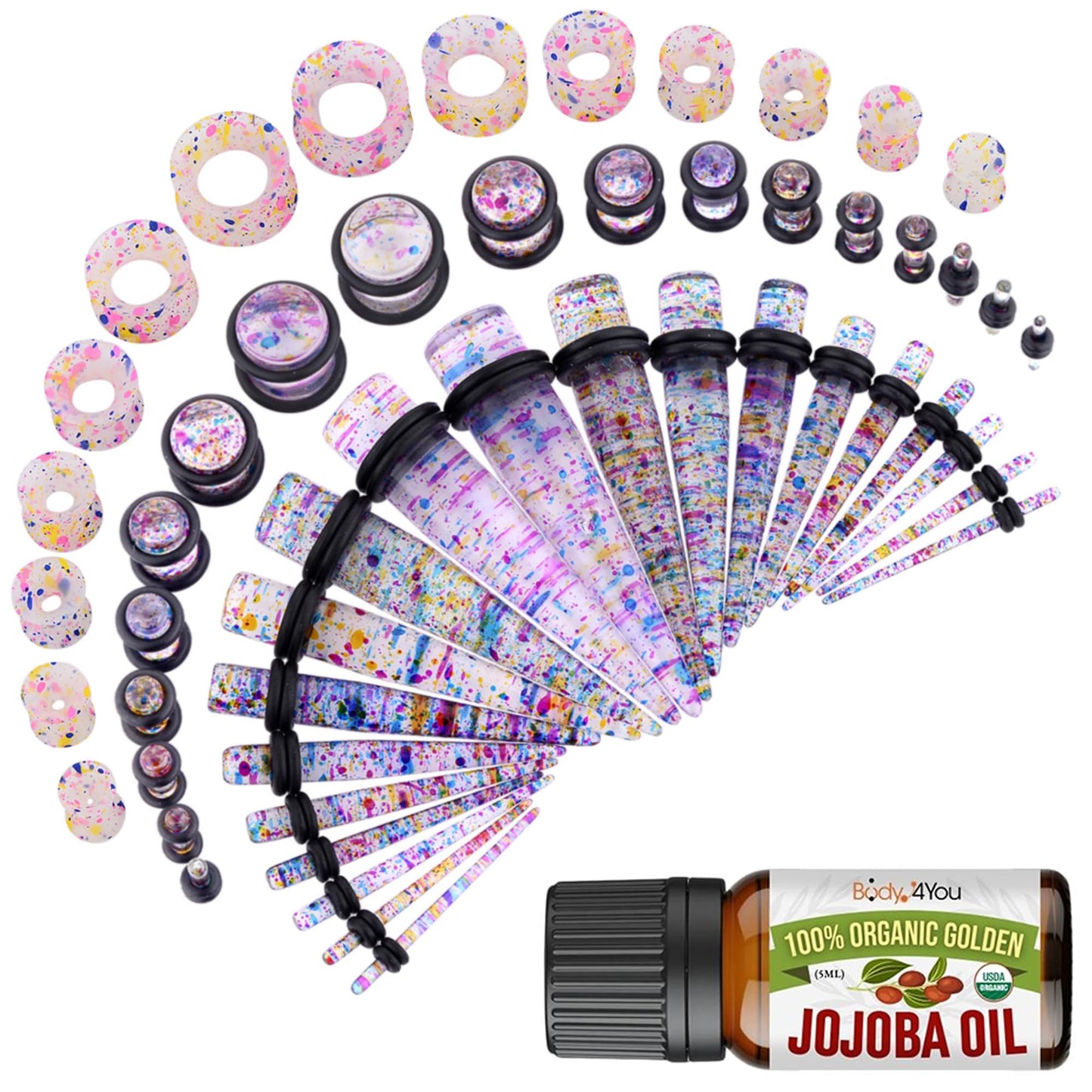 BodyJ4You 54PC Ear Stretching Kit 14G-12mm - Aftercare Jojoba Oil - Acrylic Plugs Gauge Tapers Silicone Tunnels - Lightweight Expanders Men Women