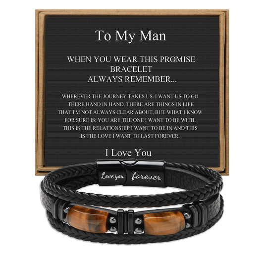 𝗚𝗶𝗳𝘁𝘀 𝗳𝗼𝗿 𝗠𝗲𝗻 𝗟𝗲𝗮𝘁𝗵𝗲𝗿 𝗕𝗿𝗮𝗰𝗲𝗹𝗲𝘁 With Tigers Eye, Father's Day Christmas Anniversary Birthday Gifts for Son Husband Grandson Boyfriend Brother Dad Love You Forever Bracelets for Men