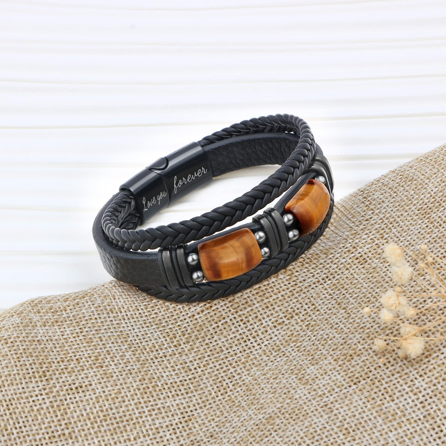 𝗚𝗶𝗳𝘁𝘀 𝗳𝗼𝗿 𝗠𝗲𝗻 𝗟𝗲𝗮𝘁𝗵𝗲𝗿 𝗕𝗿𝗮𝗰𝗲𝗹𝗲𝘁 With Tigers Eye, Father's Day Christmas Anniversary Birthday Gifts for Son Husband Grandson Boyfriend Brother Dad Love You Forever Bracelets for Men