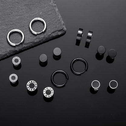 Black Stainless Steel Stud Earrings for Men Women Small Huggie Hoop Earrings Set for Men Cool Goth Punk Earrings Barbell Earrings Black Silver Hoop Cartilage Earring (Classic) (Black Tone)