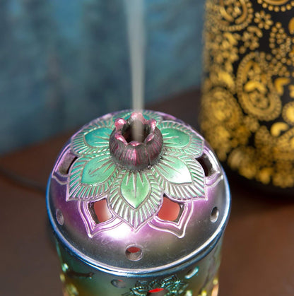 Ebros Gift Buddhist Lotus Mandala Chakra Zones Rainbow 7 Colors Wiccan Yoga Meditation Poses Essential Oil Diffuser with Colorful LED Lights and Electronic USB Power Cord Home Aromatherapy Accessory