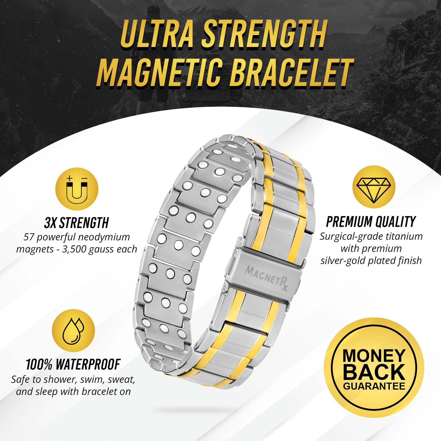 MagnetRX® 3X Strength Magnetic Bracelets for Men – Effective Titanium Mens Magnetic Bracelet – Premium Fold-Over Clasp & Adjustable Length with Sizing Tool & Gift Box (Black)