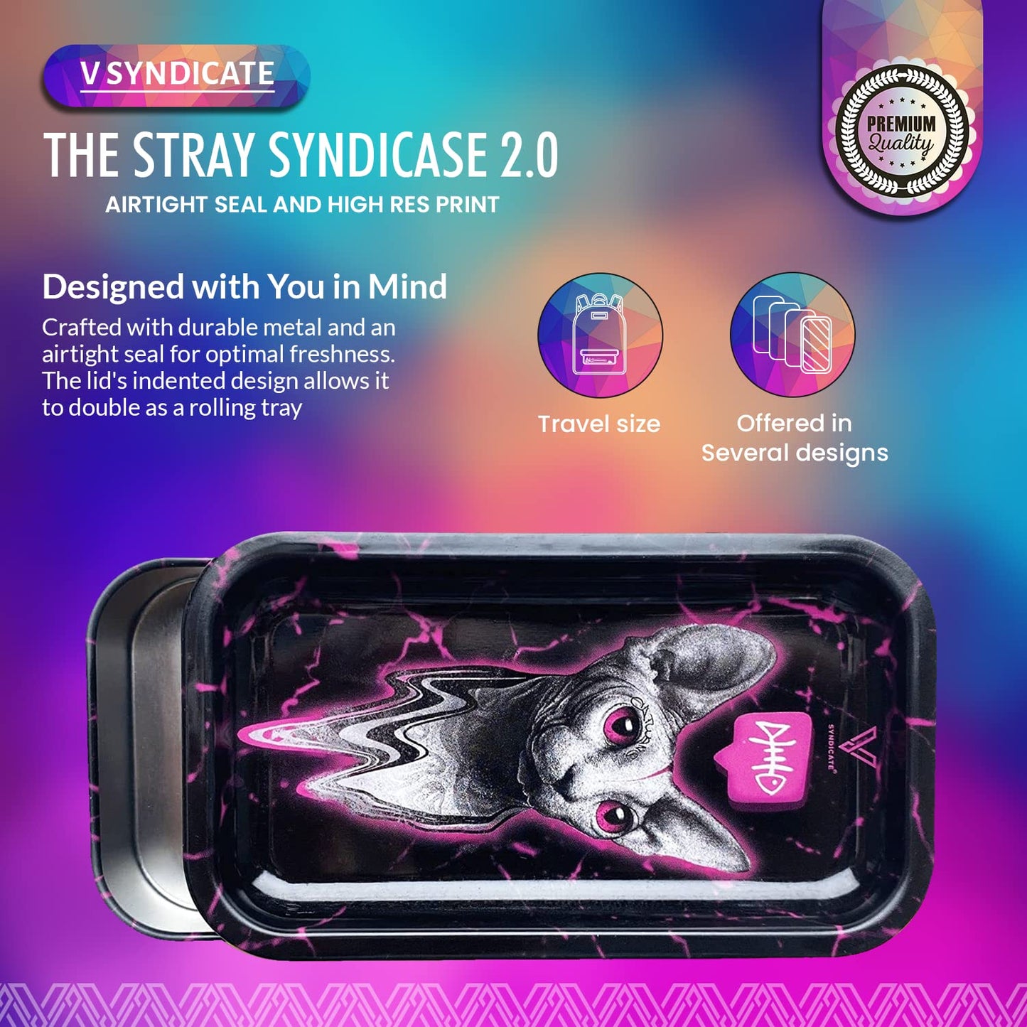 V. Syndicate 5" x 2.8" x 1.5" Mini Metal Storage Box with Lid - Airtight Lid to Avoid Moisture - Flex Your Style with 360 Print of Original Interactive Artwork on All Sides (Syndicase 2.0, Dank Diva)