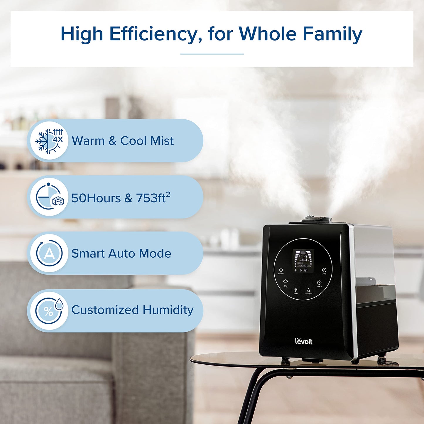 LEVOIT Humidifiers for Bedroom, Quiet (3L Water Tank) Cool Mist Top Fill Essential Oil Diffuser with 25Watt for Home Large Room, 360° Nozzle, Rapid Ultrasonic Humidification for Baby Nursery and Plant