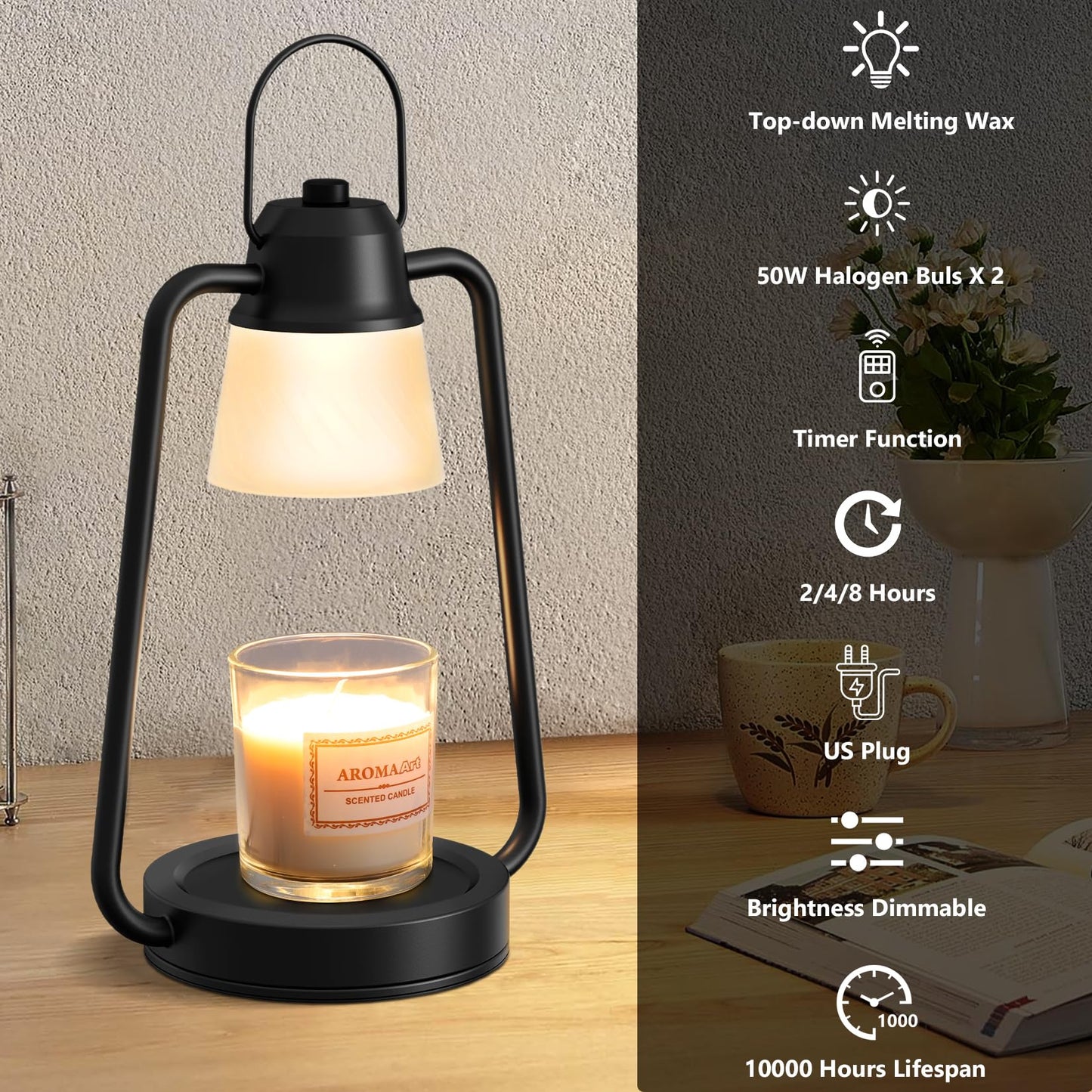 MAOYUE Candle Warmer Lamp Dimmable Timer: Electric Metal Top Down Light Heat Melting Wax Candles Vintage Fits Large Small Jar Scented Candel Warming Lantern Black