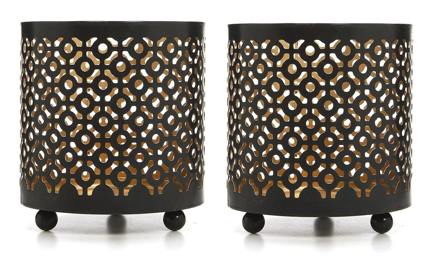 Hosley 4.5" High Black (Gold Inside) Metal Jar Holder Candle Sleeve. Candle Holder, Votive, Tea Light Lanterns Use with Tealights. Ideal Gift for Weddings, Parties, Spa and Aromatherapy O6