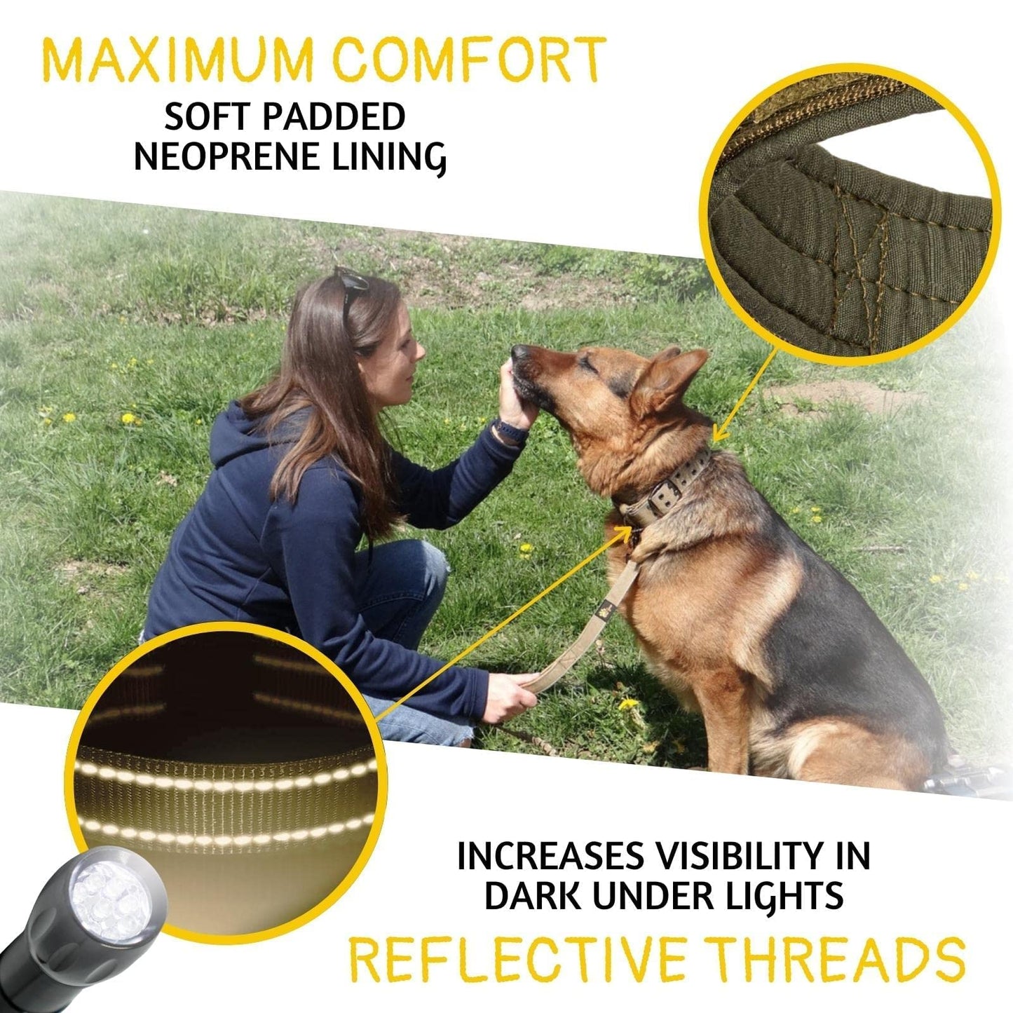 ADITYNA - Heavy Duty Dog Collar with Handle - Thick Dog Collar for Large Dogs - Wide, Reflective, Tactical, Soft Neoprene Padded - Perfect Dog Collar for Training and Walking