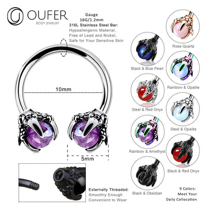 OUFER 316L Surgical Steel Circular Earrings Two White Opals Surrounded by Dragon Claws Cartilage Earing Ear Body Piercing Jewelry Helix Earrings Piercing…