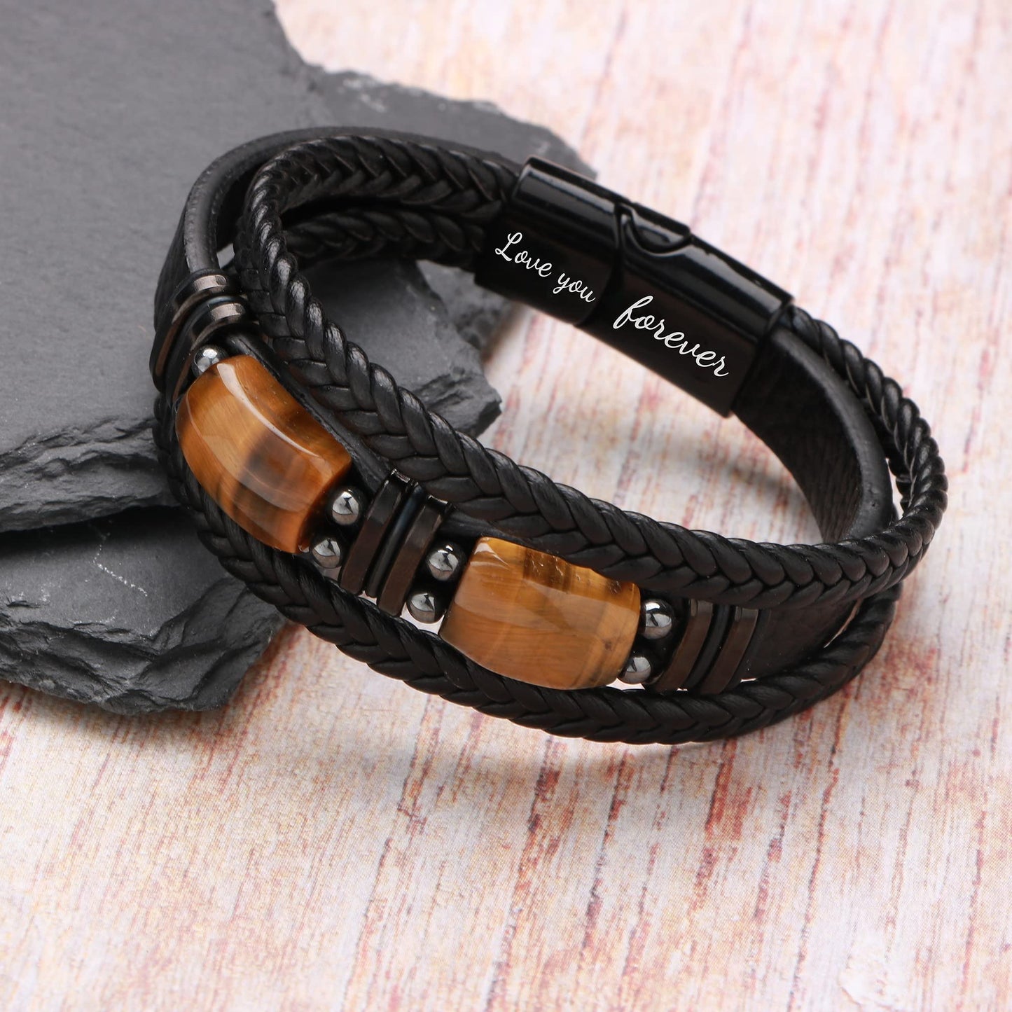 𝗚𝗶𝗳𝘁𝘀 𝗳𝗼𝗿 𝗠𝗲𝗻 𝗟𝗲𝗮𝘁𝗵𝗲𝗿 𝗕𝗿𝗮𝗰𝗲𝗹𝗲𝘁 With Tigers Eye, Father's Day Christmas Anniversary Birthday Gifts for Son Husband Grandson Boyfriend Brother Dad Love You Forever Bracelets for Men