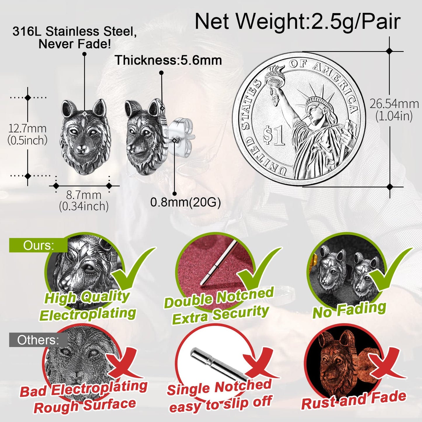 FaithHeart Norse Viking Jewelry Sterling Silver/Stainless Steel Stud Earrings Celtic Wolf/Thors Hammer Studs for Women Men