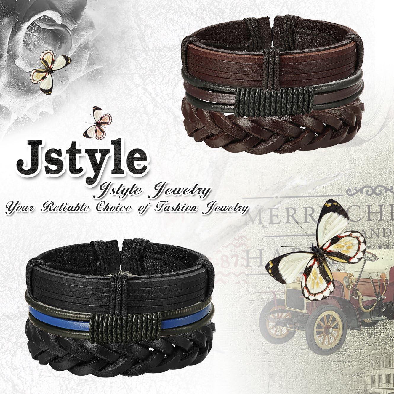 Jstyle 12Pcs Braided Leather Bracelet for Men Women Cuff Wrap Bracelet Adjustable Black and Brown (A:12Pcs)
