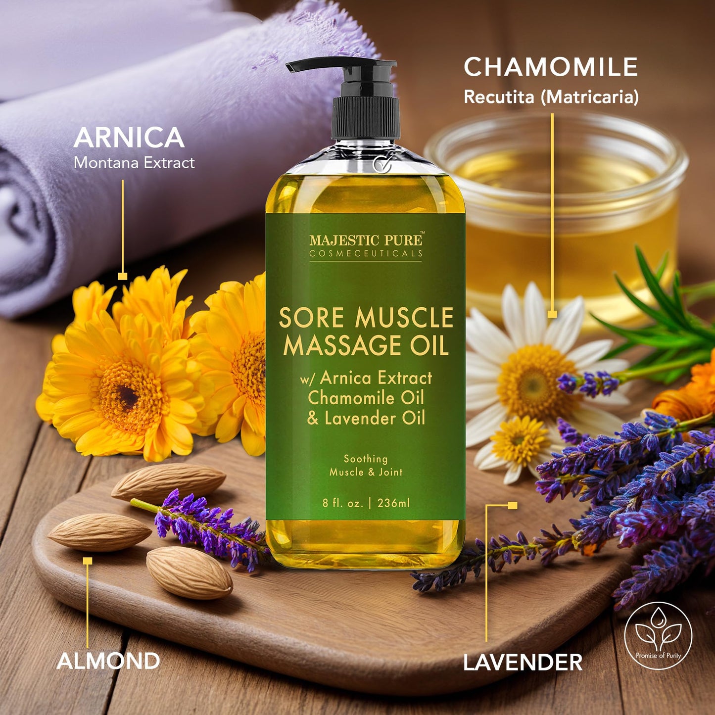 MAJESTIC PURE Arnica Sore Muscle Massage Oil for Massage Therapy - Natural Oil with Lavender and Chamomile Essential Oils - Multipurpose Instant Absorption Full Body Massage Oil - 8 fl. oz.