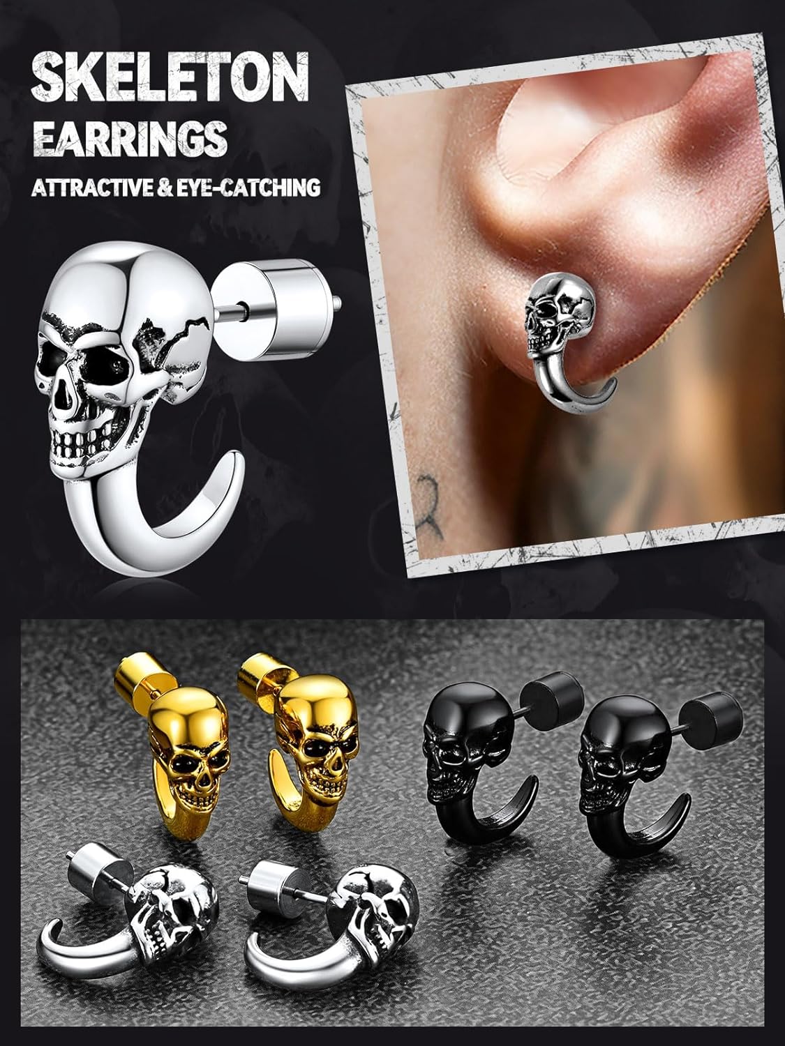 FaithHeart Punk Skull Earrings Stainless Steel/18K Gold Plated Gothic Skeleton Stud/Hoop Earrings for Women Man with Gift Packaging