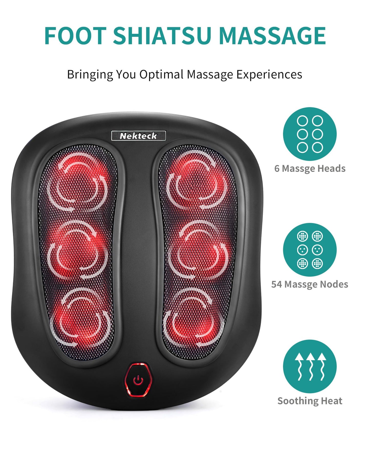 Nekteck Foot Massager with Heat, Shiatsu Heated Electric Kneading Foot Massager Machine for Plantar Fasciitis, Built-in Infrared Heat Function and Power Cord (Black)