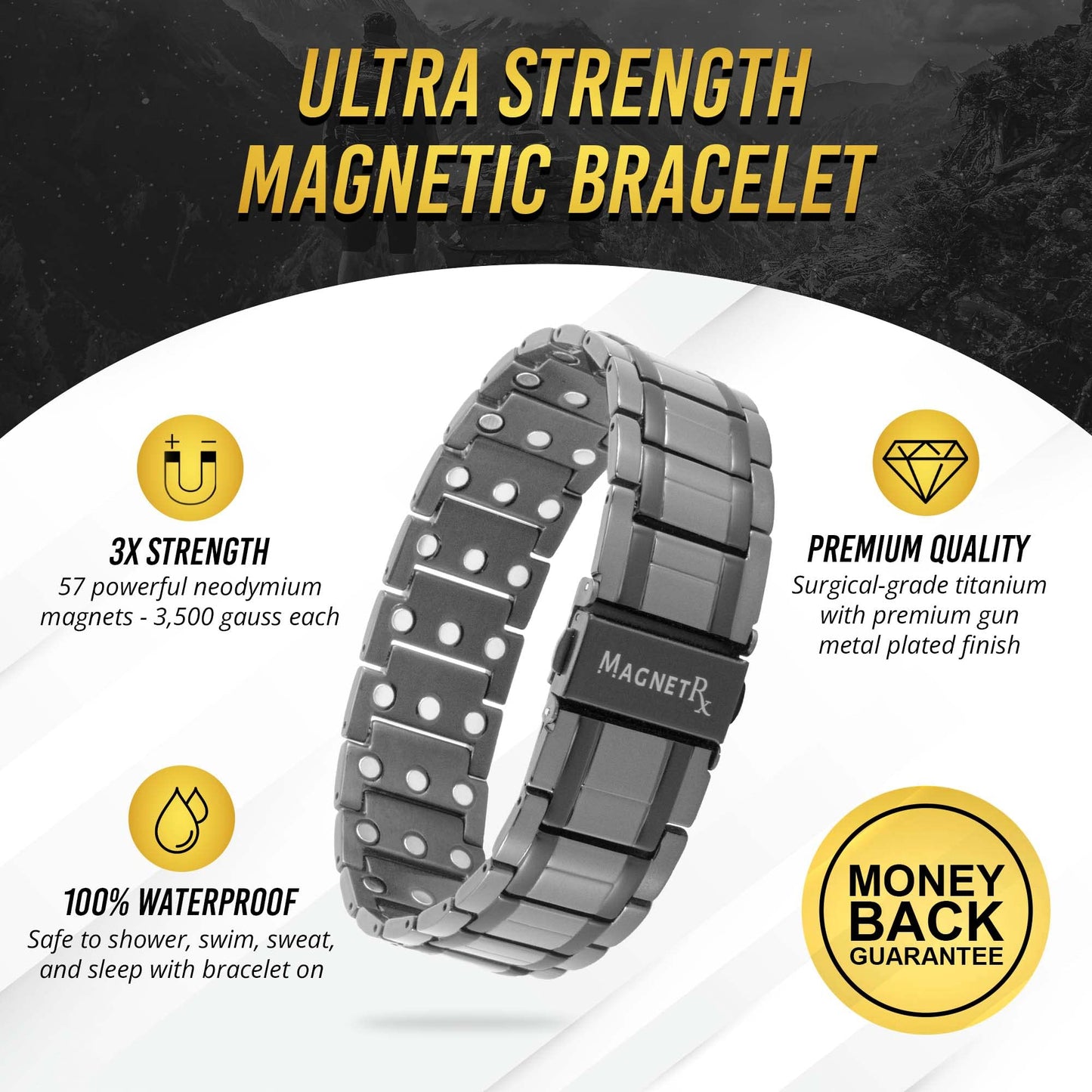 MagnetRX® 3X Strength Magnetic Bracelets for Men – Effective Titanium Mens Magnetic Bracelet – Premium Fold-Over Clasp & Adjustable Length with Sizing Tool & Gift Box (Black)