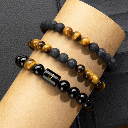 Initials Bracelets for Men Letter Link Handmade Natural Black Onyx Tiger Eye Stone Beads Braided Rope Meaningful Bracelet