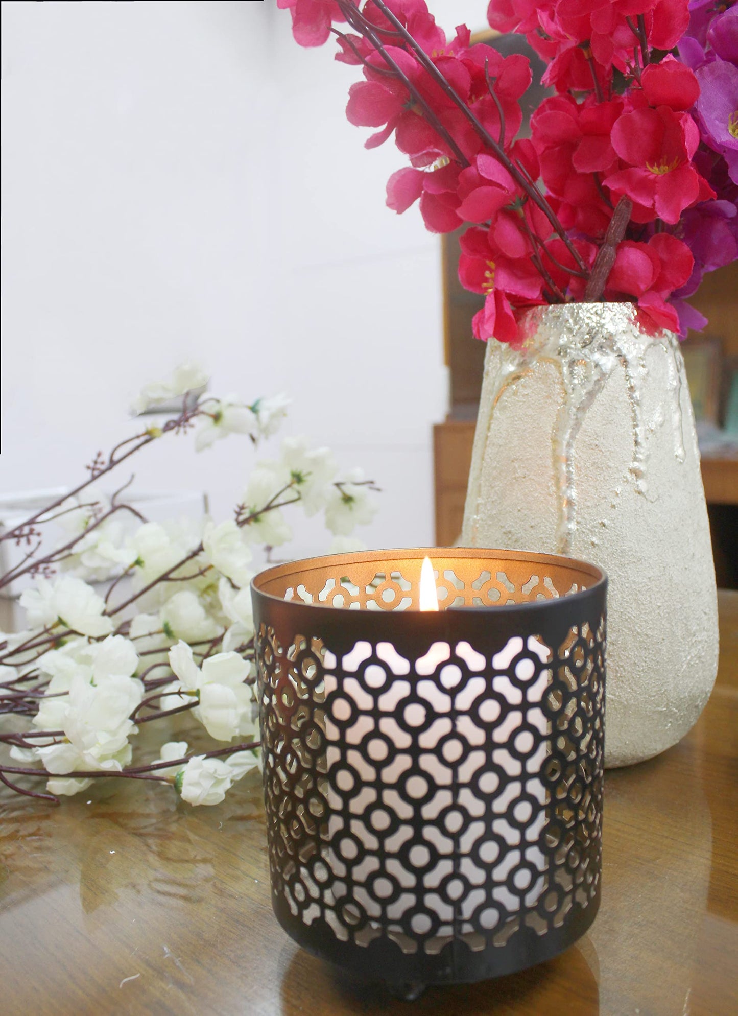 Hosley 4.5" High Black (Gold Inside) Metal Jar Holder Candle Sleeve. Candle Holder, Votive, Tea Light Lanterns Use with Tealights. Ideal Gift for Weddings, Parties, Spa and Aromatherapy O6