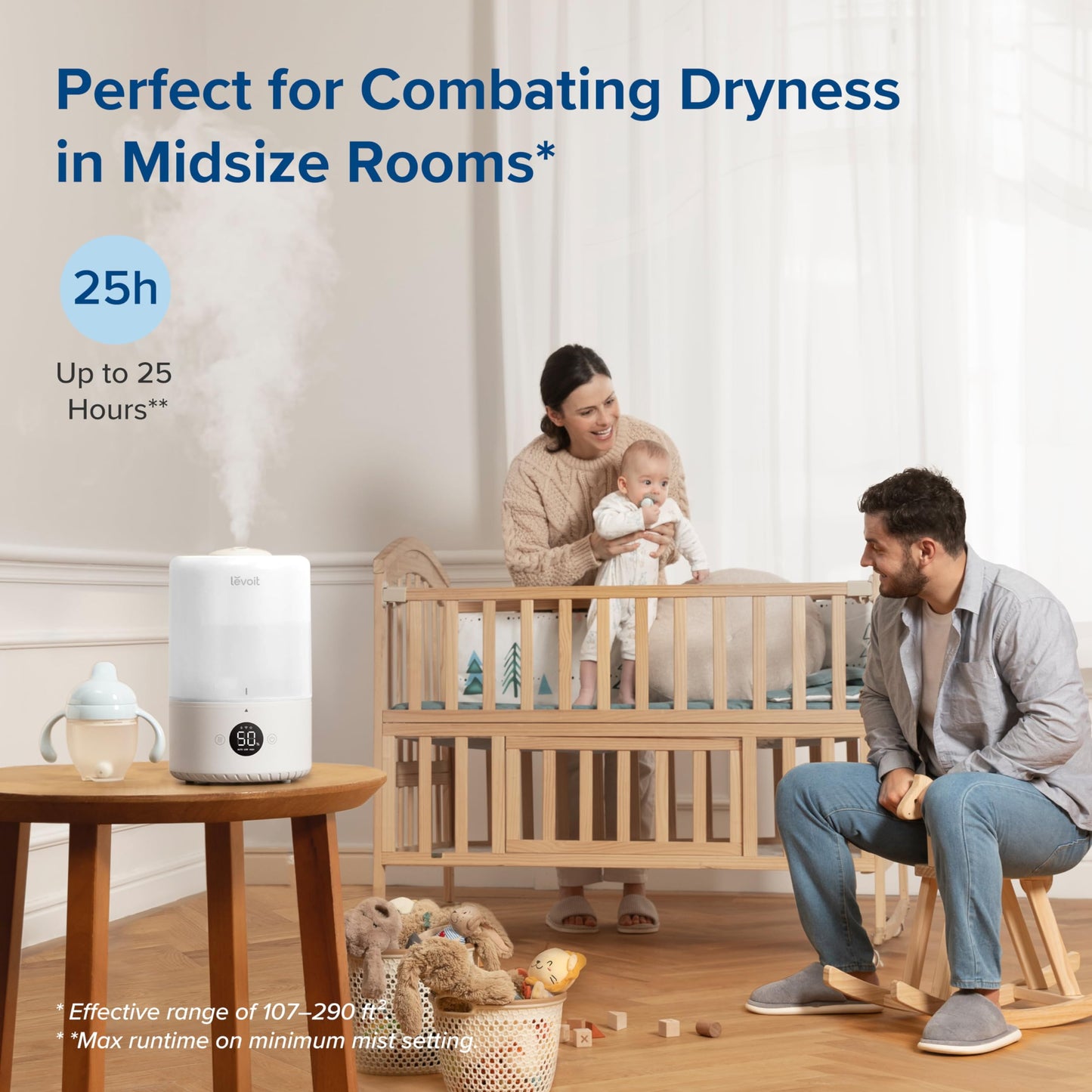 LEVOIT Humidifiers for Bedroom, Quiet (3L Water Tank) Cool Mist Top Fill Essential Oil Diffuser with 25Watt for Home Large Room, 360° Nozzle, Rapid Ultrasonic Humidification for Baby Nursery and Plant