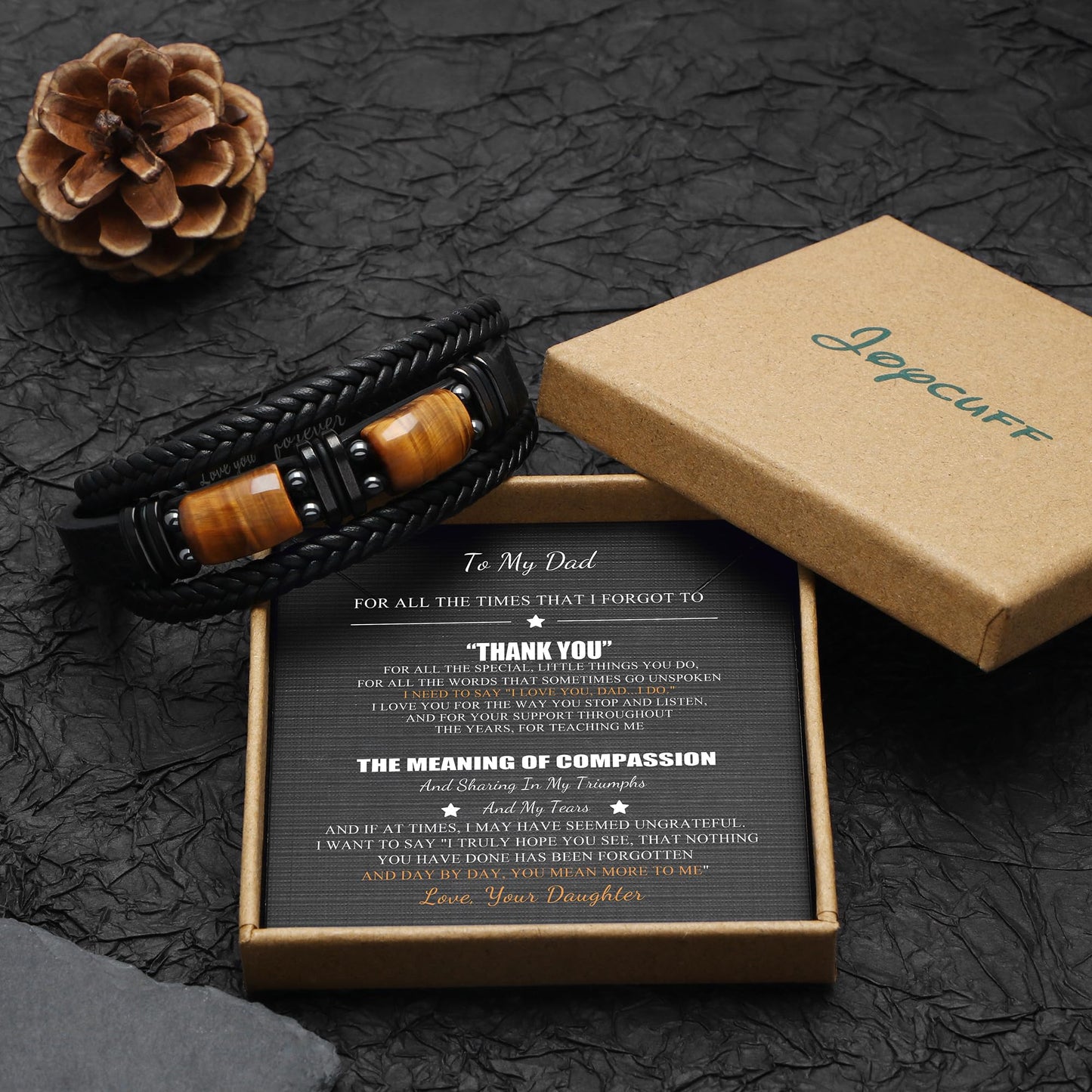 𝗚𝗶𝗳𝘁𝘀 𝗳𝗼𝗿 𝗠𝗲𝗻 𝗟𝗲𝗮𝘁𝗵𝗲𝗿 𝗕𝗿𝗮𝗰𝗲𝗹𝗲𝘁 With Tigers Eye, Father's Day Christmas Anniversary Birthday Gifts for Son Husband Grandson Boyfriend Brother Dad Love You Forever Bracelets for Men