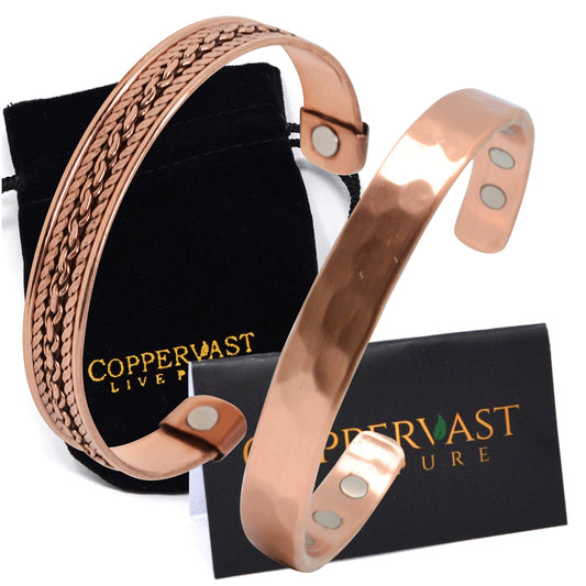 Copper Bracelets- for Men and Women| Set of 2 with Gift Bag |Handmade 100% Copper (Hammered and Chain Inlay)|