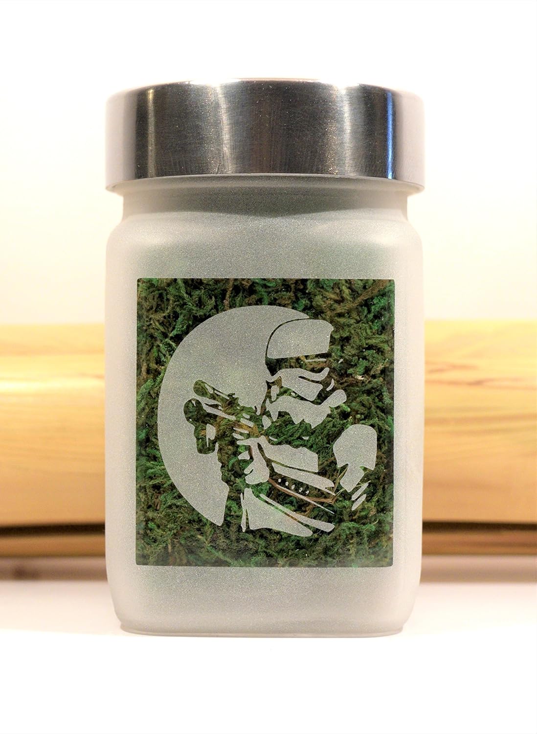 Space Army Stash Jar, Airtight, Smell Resistant Etched Glass Herb Storage