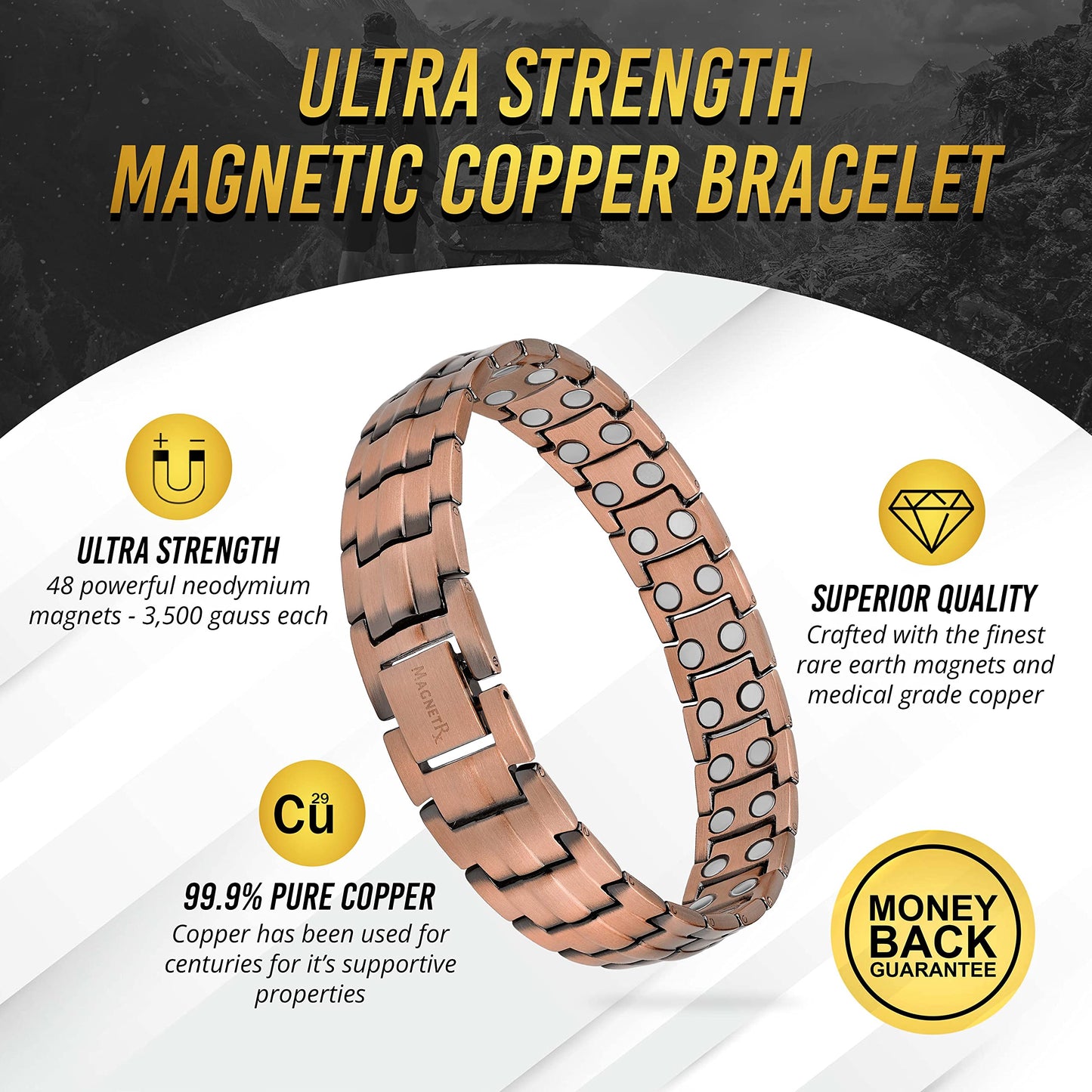 MagnetRX® Pure Copper Bracelet for Men – Effective Ultra Strength Magnetic Copper Bracelets – Adjustable Bracelet Length with Included Sizing Tool (Leo Style)