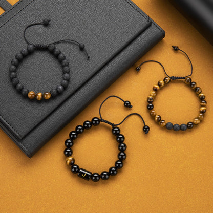 Initials Bracelets for Men Letter Link Handmade Natural Black Onyx Tiger Eye Stone Beads Braided Rope Meaningful Bracelet