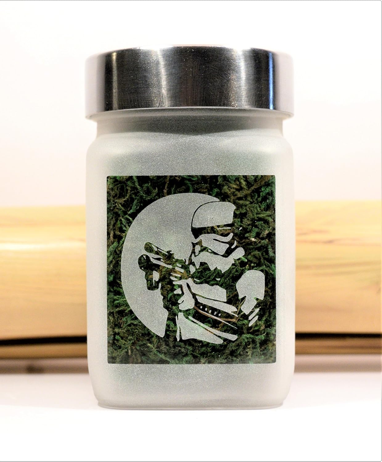 Space Army Stash Jar, Airtight, Smell Resistant Etched Glass Herb Storage