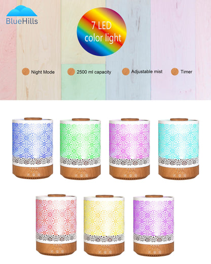 BlueHills Premium 2000 ML XL Essential Oil Diffuser Aromatherapy Humidifier for Large Room Home 40 Hour Run Huge Coverage Area 2 Liter Extra Large Capacity Diffuser Dark Wood Grain (E003)