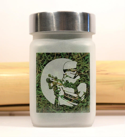 Space Army Stash Jar, Airtight, Smell Resistant Etched Glass Herb Storage