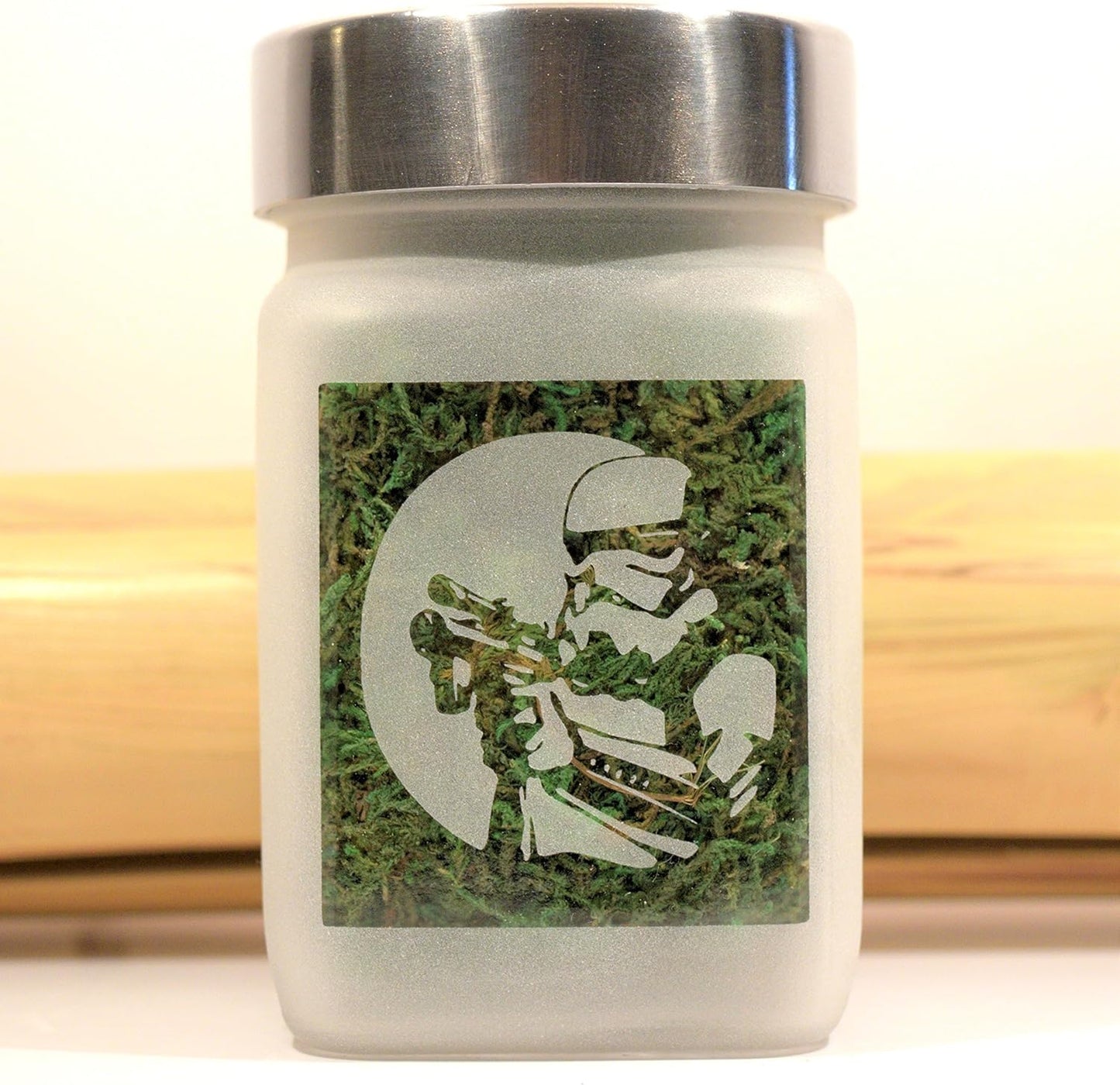 Space Army Stash Jar, Airtight, Smell Resistant Etched Glass Herb Storage