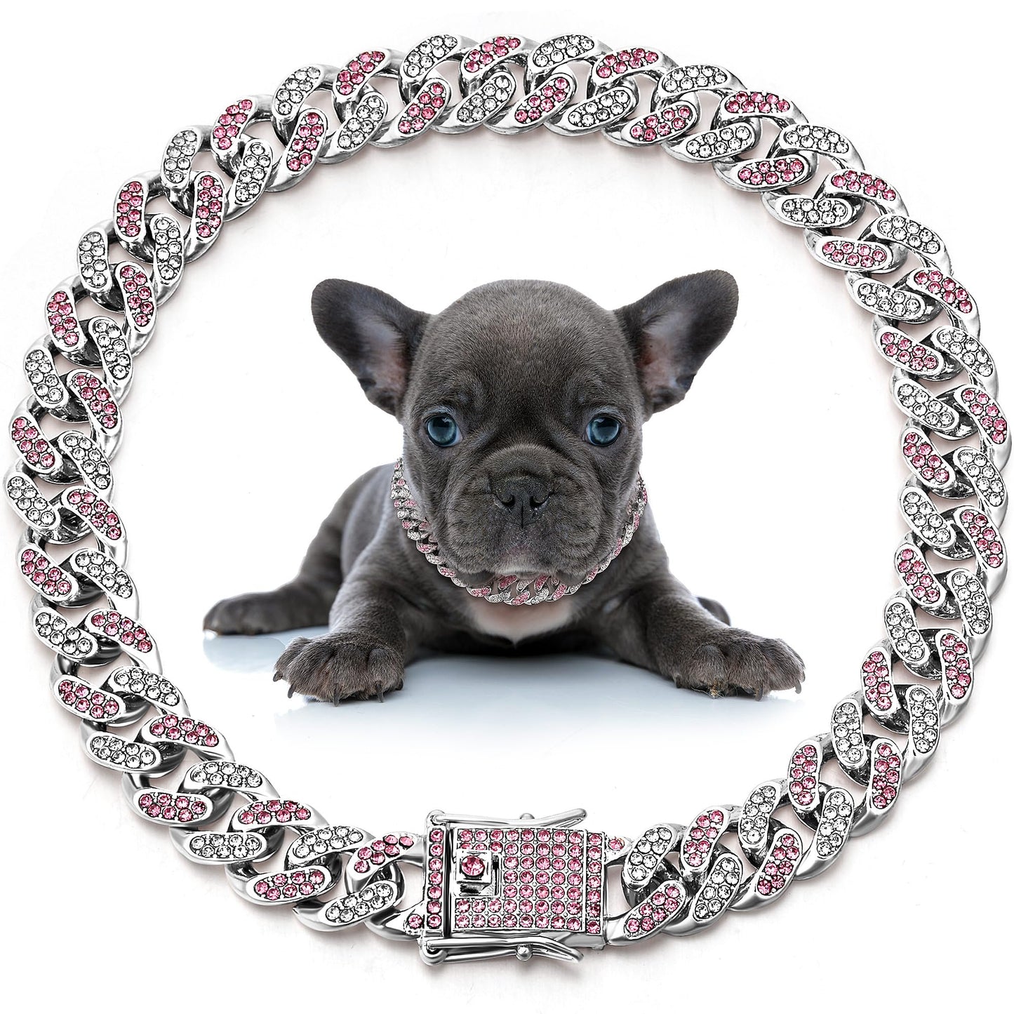 LEIFIDE Pink Crystal Dog Necklace Rose Gold Link Chain Collar for Small, Medium and Large Dogs 8 Inch